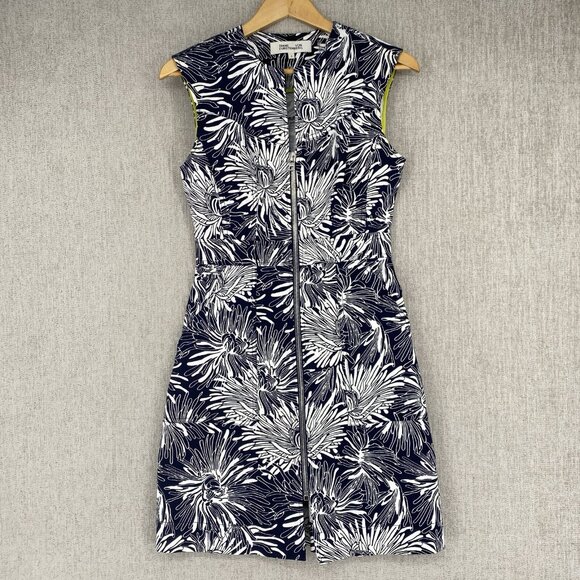 Diane Von Furstenburg‎ Dress 4 Black Sheath Flower Print Fitted Bodycon Full Zip - Picture 2 of 12